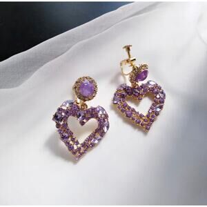 Vintage 13/4" clip on gold and purple stone heart earrings